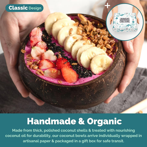 Jungle Culture 2 Polished Coconut Bowl and Wooden Spoons Set with Bamboo Straws • Natural Coconut Smoothie Bowls • Healthy Choice Coco Shell Acai ...