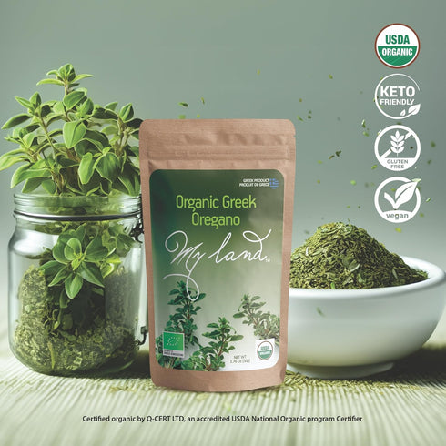 My Land Organic Greek Oregano from Mount Olympus, Greece – Perfect for Seasoning or Tea - Dried, Handpicked, Tiny Cut Oregano Leaves in Resealable...