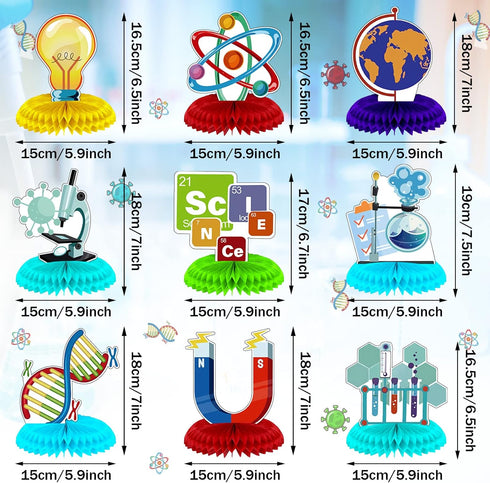 Fainne 9 Pieces Science Party Decorations Science Theme Honeycomb Centerpieces 3D Table Decorations Table Toppers for Science Party Chemistry Part...