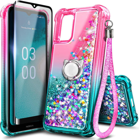 NZND Compatible with Nokia C300 (N155DL) Case, Nokia G100 (N150DL) with Tempered Glass Screen Protector, Ring Holder/Wrist Strap, Glitter Liquid F...