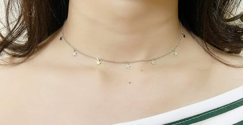 S925 Sterling Silver Stars Choker Short Necklace for Women Jewelry...