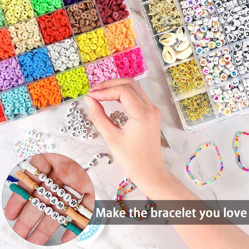 Wergund 6000 pcs Clay Beads for Bracelets Making Kit, 915 Letter Beads, 24 Color 6mm Flat Clay Beads, Jump Rings and Elastic String Pendant - for ...
