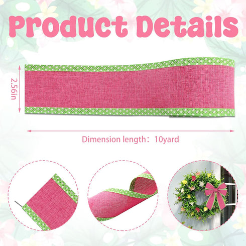 Rose Red Ribbons 2.5" 10 Yards, Spring Wired Edge Burlap Ribbon Green White Dot Wrapping Ribbon for Spring Home Party Wrapping DIY Craft Decoratio...