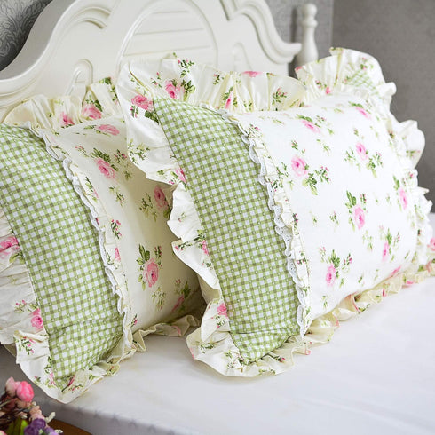 FADFAY Farmhouse Style Pillowcases Pink Rosetta Printed Gold with Green Plaid Elegant Country Style 100% Cotton Vintage Lace Ruffles Bedding Pillo...