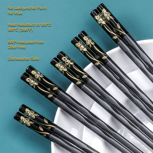 Fiberglass Chopsticks Series - Japanese Non-Slip Chopstick, Reusable Chop Sticks Dishwasher Safe, 5 Pairs, Gift Set, 9.9 Inches, Black...