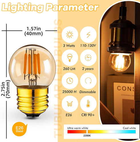 3 Watt Dimmable Low Wattage LED Bulbs Equivalent to 25 Watt Light Bulbs,E26 Standard Base G40 Small Globe Light Bulbs,2200K Warm Light for Bedroom...