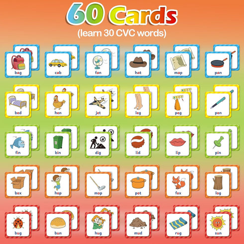CVC Word Match Game,Memory Game, 60 Pcs Toddler Card Games for Kids Ages 3 4 5 6,Phonics Games Flash Cards for Preschool Kindergarten Learning Act...