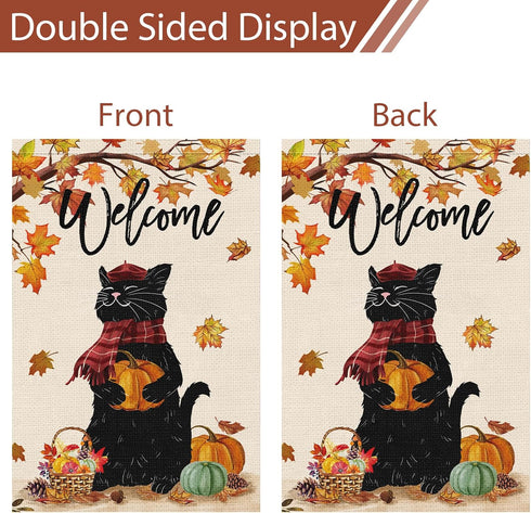 Welcome Fall Garden Flag 12 x 18 Inch Double Sided Burlap, Black Cat with Pumpkins Garden Flags, Maple Leaves Autumn Banners for Seasonal Yard Tha...