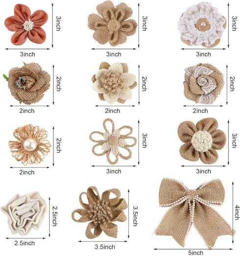 VGOODALL 16 PCS Natural Burlap Flowers Set, Including 12 PCS Handmade Lace Burlap Flowers and Bowknots, 4 Rolls Burlap Ribbon for Christmas Birthd...