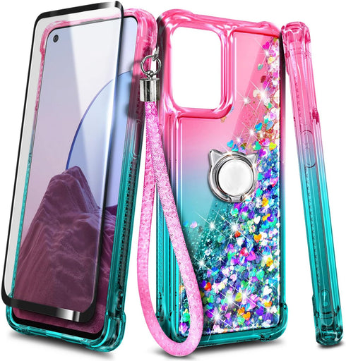 NZND Case for OnePlus Nord N300 5G with Tempered Glass Screen Protector (Maximum Coverage), Ring Holder/Wrist Strap, Glitter Liquid Floating Water...