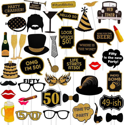 Adult 50th Birthday Photo Booth Props(41Pcs) for Her Him Cheers to 50 Years Birthday Party, Gold and Red Decorations, 50th Happy Birthday Party Su...
