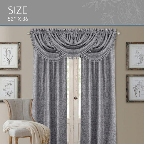 Elrene Home Fashions Antonia Floral Damask Waterfall Window Valance with Tassels, 52"x36", Silver...