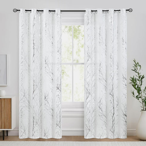 FMFUNCTEX Linen Semi Sheer Curtains for Living Room & Bedroom, Silver Metallic Print White Tree Panel, Light Filtering 84" Long Grommet Top 2 Pane...