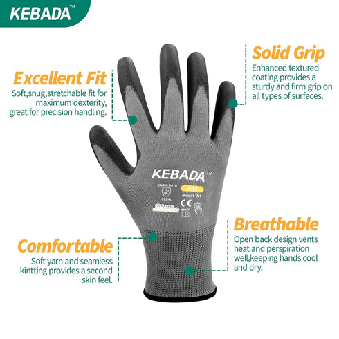 W1 Work Gloves for Men and Women,Touchscreen Working Gloves with Grip,12 Pairs Bulk Pack Mechanic Gloves,PU Coating on Palm & Fingers,Breathable M...