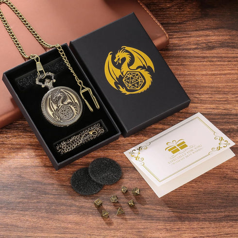 Mini DND Dice Set Steampunk Dragon Pocket Watch Shell Case, 7pcs Polyhedral Metal D&D Dice Set, Dungeons and Dragons Gifts with Gift Box for Men W...