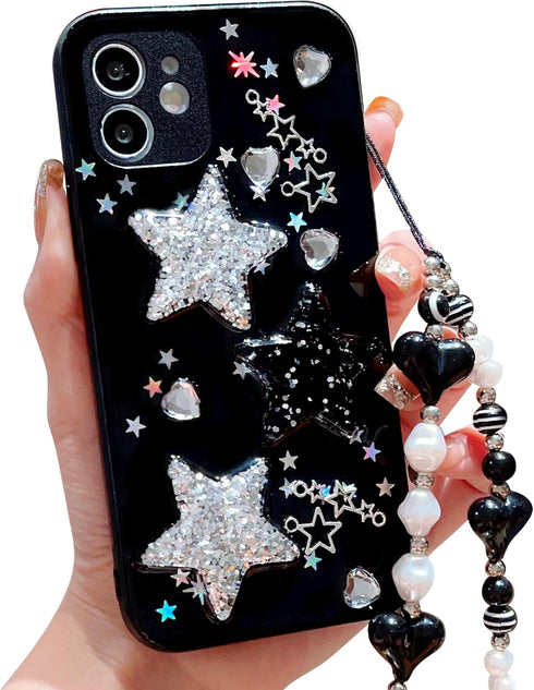 Compatible with iPhone 11 Case Cute 3D Bling Glitter White Black Stars with Pearl Bracelet Chain Design for Girls Women Kawaii Sparkle Protective ...