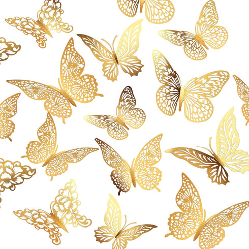 3D Gold Butterfly Wall Decor 3 Sizes 4 Styles Butterfly Party Decorations Cake Decorations Removable Stickers Wall Decor Room Mural Metallic Kids ...