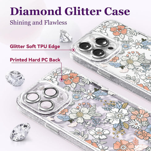 Compatible for iPhone 14 Pro Max Case Cute Aesthetic - Glitter Clear Phone Case with Camera Protector - Lovely Flowers Cover with Wrist Strap Desi...
