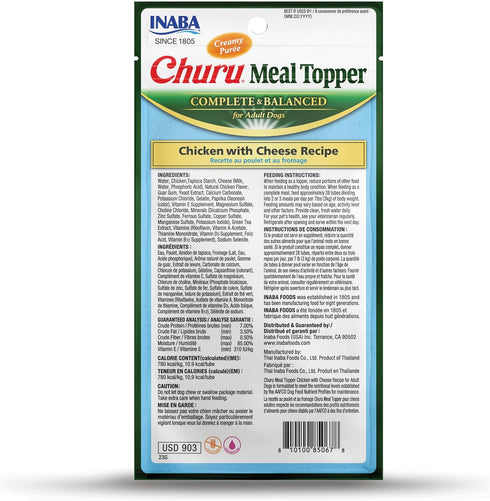 INABA Churu Meal Topper for Dogs, Complete & Balanced, Creamy, Lickable Purée Dog Food Topper, 0.5 Ounce Tube, 4 Tubes (4 per Pack) Chicken with C...