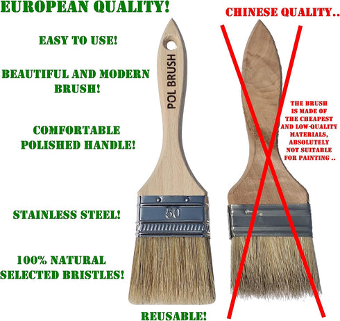 Set of 2 2 inch European Professional Flat Paint Brushes - Natural Bristle Wooden Handle - for Acrylic, Chalk, Oil, Watercolor, Gouache, Stain, Va...