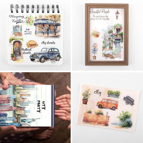 Landscape and City Themed Scrapbook Journaling Stickers, 150 Die-Cut PET and Washi Paper Sticker Book for Junk Journaling, Collage, Craft Projects...