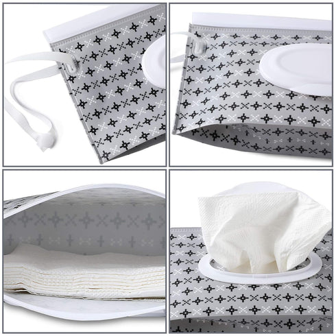 FEBSNOW 4 Pack Baby Wipe Dispenser, Portable Refillable Wipe Holder, Baby Wipes Container, Wipe Dispenser, Reusable Travel Wet Wipe Pouch (Geometr...