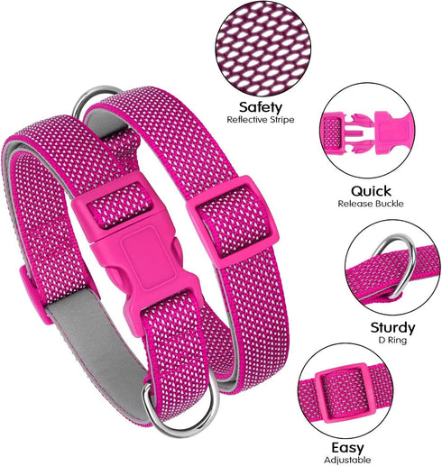 Didog Reflective Dog Collar with Buckle, Adjustable Soft Neoprene Padded Nylon Pet Collars for Small Medium Large Dogs, Hot Pink, M...