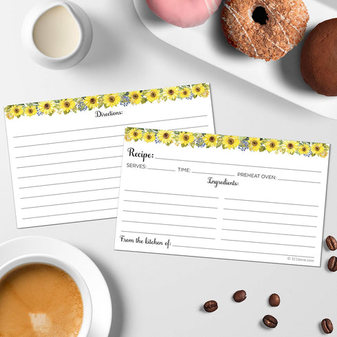 321Done Sunflower Recipe Cards (Set of 50) Small 3" x 5" - From the Kitchen Of White - Double-Sided for Weddings, Bridal, Baby Shower - Made in US...