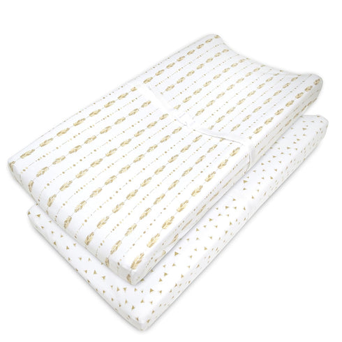 American Baby Company 2 Pack Printed 100% Cotton Knit Fitted Contoured Changing Table Pad Cover - Compatible with Mika Micky Bassinet, Taupe Feath...