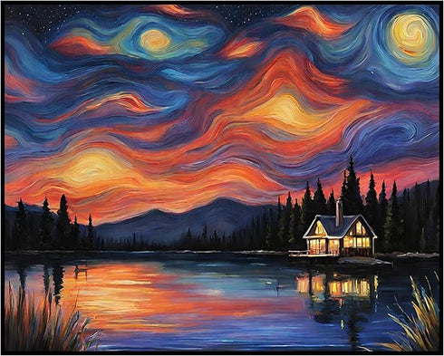 Posterizer 1 pcs- quaint old village-building in nature-night sky 9-Landscape & Nature Art-Floral Botanical Art- Decor for Home & Office- unframed...