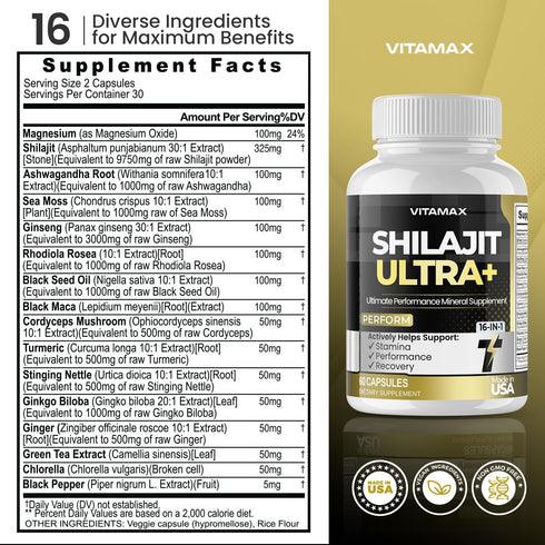 Pure Shilajit Supplement 10,000mg Sea Moss 2,000mg, Ashwagandha 6,000mg, Rhodiola Rosea 1000mg, Gingko Biloba, Magnesium, Turmeric, Mineral Capsul...