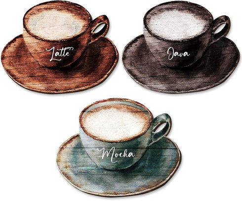 Blulu 3 Pcs Coffee Wooden Wall Art Decor Coffee Cup Wooden Wall Sign Retro Java Letter Mocha Sign Farmhouse Decorations for Kitchen Dessert Shop H...