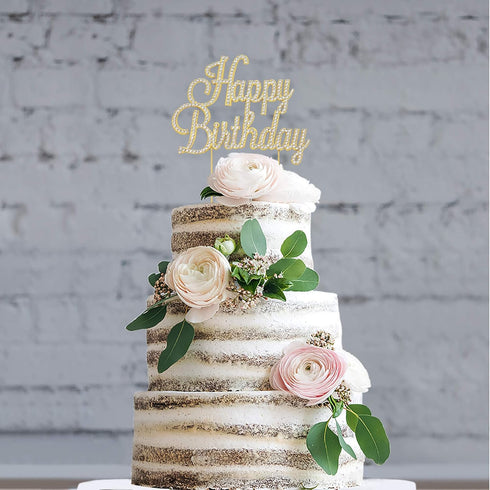 Happy Birthday Cake Topper - Premium Gold Metal - Happy Birthday Party Sparkly Rhinestone Decoration Makes a Great Centerpiece - Now Protected in ...