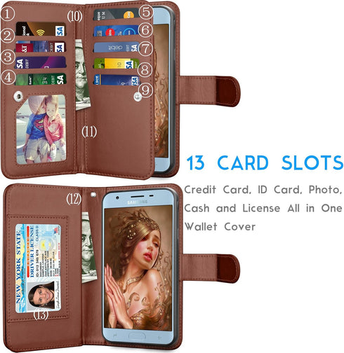 Tekcoo Galaxy J7 2018/Aero/Top/V 2nd/Crown/Aura/Refine/Eon PU Leather Wallet Case, Brown, 11 Card Slots, Kickstand...