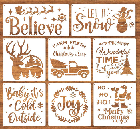 Christmas Stencils for Painting on Wood Reusable - Merry Christmas/ Let it Snow/ Believe/ Joy/ Santa/ Deer/ Tree Holiday Walls Crafts Canvas Floor...
