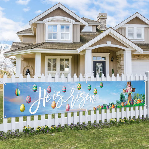 Probsin He is Risen Banner 120" x 20" Happy Easter Banner Decorations Party Supplies Eggs Cross Home Decor with Brass Grommets for Outside Indoor ...