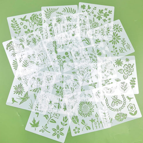 16 Sets Flower Stencils for Painting on Wood, 168 pcs Small Plants Including Flower Grass Birds Butterfly Bee Reusable Templates for Scrapbooking ...