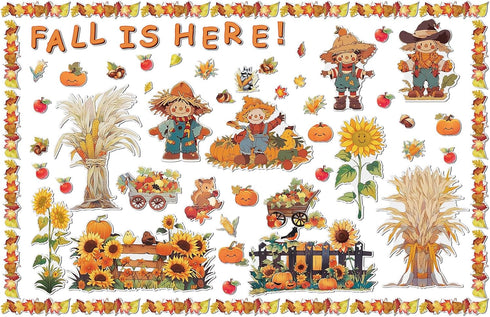 165 Pcs Fall Bulletin Board Decor Sets Harvest Thanksgiving Classroom Bulletin Board Maple Leaves Borders Corn Haystack Scarecrows Fence Cutouts f...