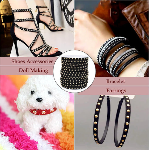 20 Yards Black Studded Faux Suede Cord Lace 5mm Flat Faux Leather Strip Ribbon with Aluminum Rivets Micro Fiber Braiding Leather String for DIY Je...