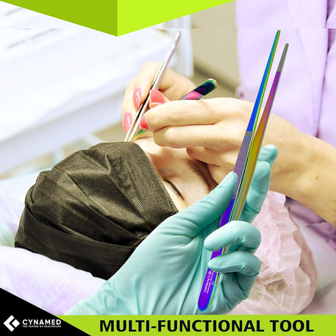 Cynamed 10” Kitchen Premium Tongs Tweezers Stainless Steel, Long with Precision Serrated Tips (Rainbow)...