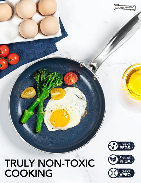 MICHELANGELO Small Frying Pan - 8 Inch Nonstick Frying Pan with Lid, Non-Toxic Omelette Pan with Stainless Handle, Nonstick Skillet, Blue-Ceramic...