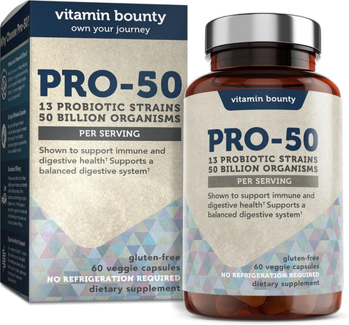 Vitamin Bounty Pro-50 Probiotic - 50 Billion Organisms and 13 Probiotic Strains That Promote Gut Health, Digestive Health Probiotic, Delayed Relea...