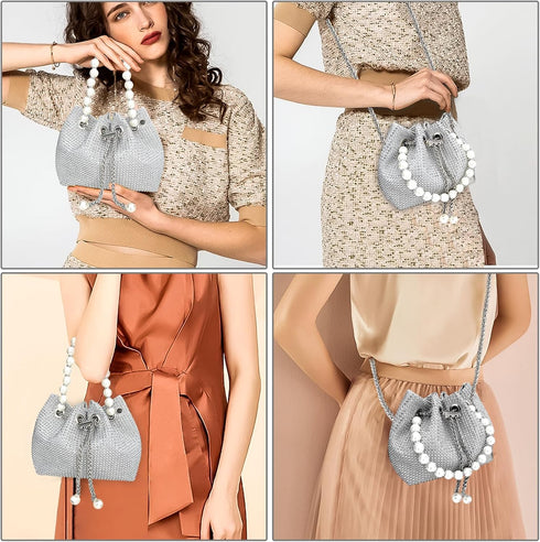Evening Bucket Handbag for Women Sparkly Rhinestone Pearl Clutch Silver Purse for Party Club Wedding Cocktail Prom...
