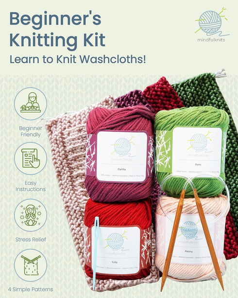 mindfulknits - Beginners Washcloth Knitting Kit - Includes 100% Cotton Knitting Yarn + Circular Knitting Needles & Yarn Needle (Flora Colored Cott...