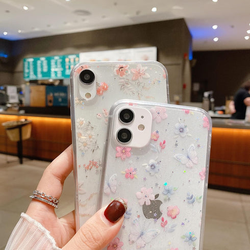 Compatible with iPhone XR for Women Girls,Cute Clear Sparkly Bling Star Flowers Pattern Phone Case Glitter Soft Slim Fit Protective Cover for iPho...