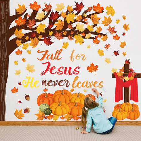 124 Pcs Fall Tree Classroom Bulletin Decor Fall for Jesus He Never Leaves Bulletin Board Set Autumn Maple Leaves Pumpkin Harvest Cutout for Thanks...