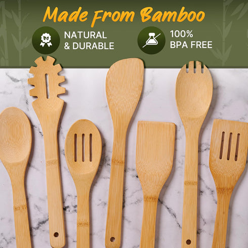 Bamboo Wooden Spoons for Cooking – 7 PCs Wooden Cooking Utensils for Nonstick Cookware – Wooden Utensil Set – Easy to Clean, Sturdy, Lightweight &...