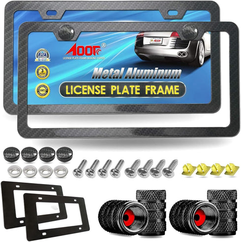 Aootf Carbon Fiber License Plate Frame- Black Aluminum Slim Car Tag Cover Printed Carbon Patterns, Heavy Duty Holders for Front & Rear, Mount Hard...