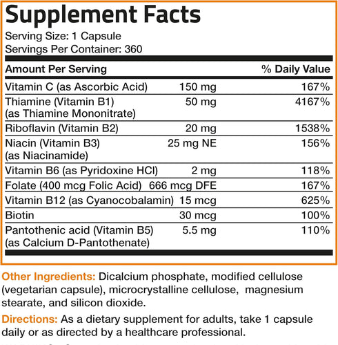 Bronson Vitamin B Complex with Vitamin C - Immune Health, Energy Support & Nervous System Support - Non-GMO, 360 Vegetarian Capsules...