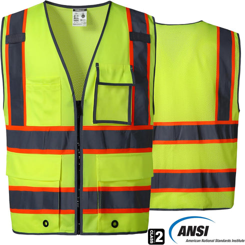 SKSAFETY 10 Pockets Safety Vest, Class 2 High Visibility Security with Zipper Back Mesh, Hi Vis Vest with Reflective Strips, ANSI/ISEA Standard, C...